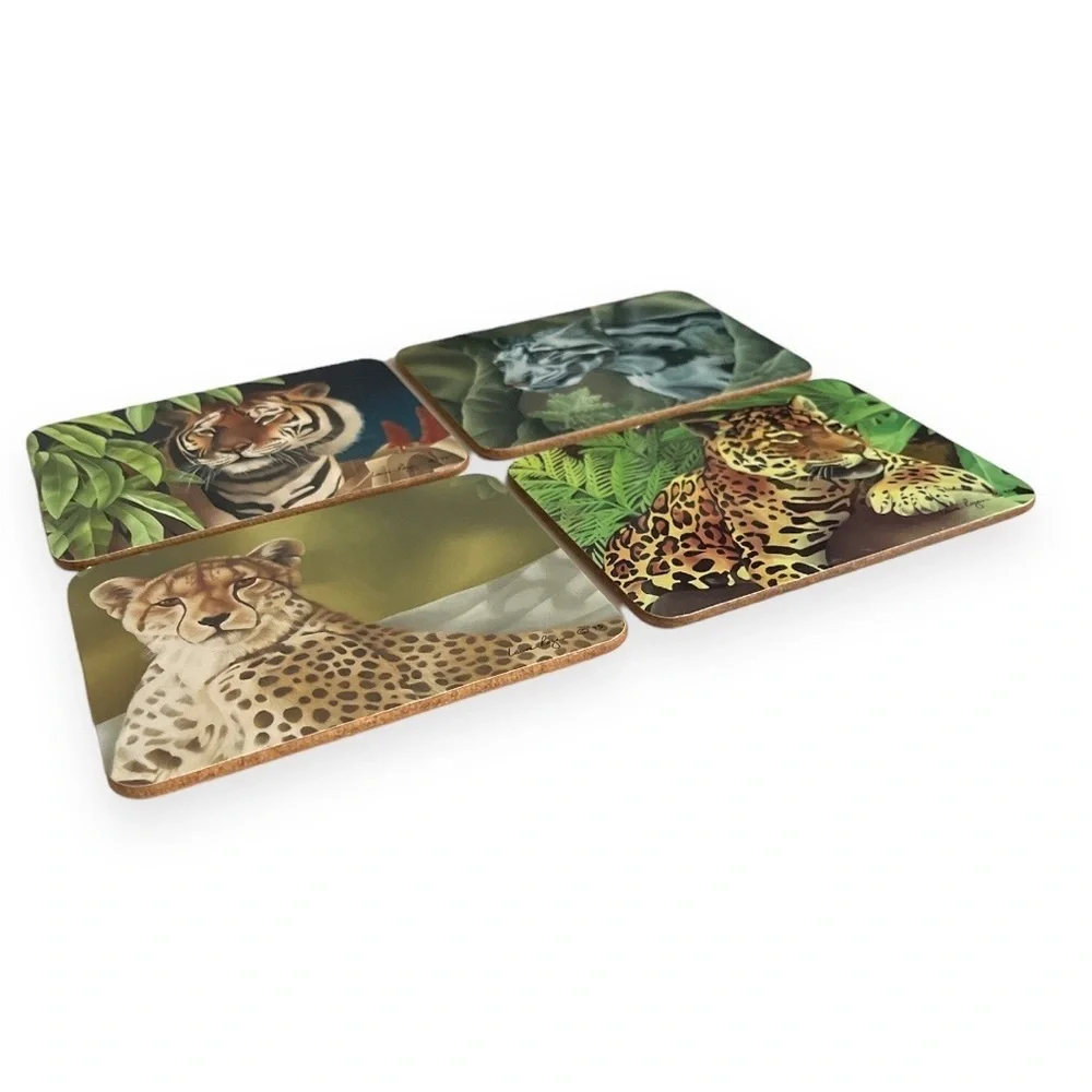 National Wildlife Federation Coasters Set of 4 Tiger Leopard Hardboard Cork 1993